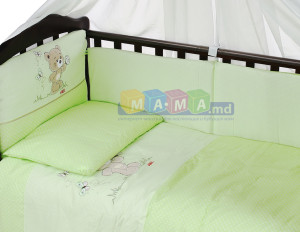 Детское постельное белье с вышивкой ASIK Мишка с бабочками, салатовый: 6 элементов