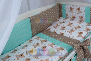 Детское постельное белье ASIK Мишки Teddy и горошек, мятный, постельный комплект в детскую кроватку: 8 элементов