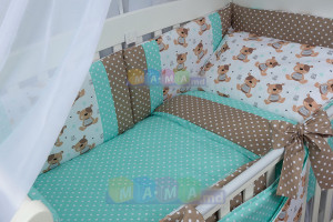 Детское постельное белье ASIK Мишки Teddy и горошек, мятный, постельный комплект в детскую кроватку: 8 элементов