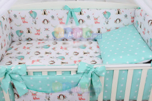 Детское постельное белье ASIK Лисички и звезды, мятный, постельный комплект в детскую кроватку: 8 элементов