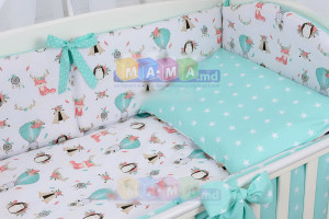 Детское постельное белье ASIK Лисички и звезды, мятный, постельный комплект в детскую кроватку: 8 элементов