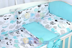 Детское постельное белье ASIK Киты, бирюзовый/белый/черный, постельный комплект в детскую кроватку: 8 элементов