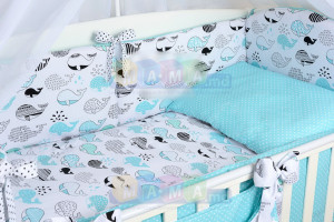 Детское постельное белье ASIK Киты, бирюзовый/белый/черный, постельный комплект в детскую кроватку: 8 элементов