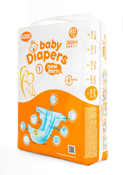 Подгузники HONEST GOODS Baby Diapers NewBorn №1 (2-4 кг), 60шт.