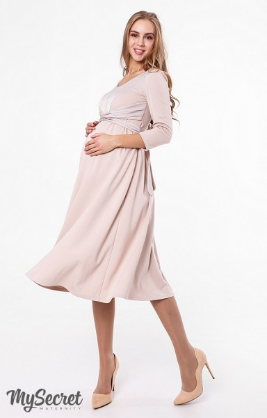 Платье праздничное для беременных ЮЛА МАМА  Elizabeth, для кормления, бежевое