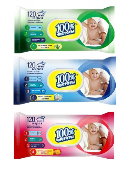 Влажные салфетки 100% Чистоты Детские, с клапаном, 120шт.