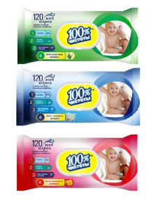Влажные салфетки 100% Чистоты Детские, с клапаном, 120шт.