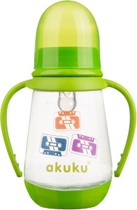 Бутылочка Akuku с ручками, пластик, соска силиконовая, нескользящее дно, 0m+, 125 мл