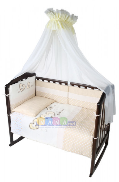 Детское постельное белье с вышивкой ASIK Три сердца, бежевый, постельный комплект в детскую кроватку: 6 элементов