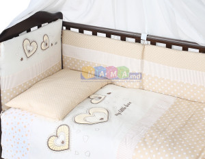 Детское постельное белье с вышивкой ASIK Три сердца, бежевый, постельный комплект в детскую кроватку: 6 элементов