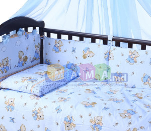 Детское постельное белье ASIK Мишки с медом, голубой, постельный комплект в детскую кроватку: 8 элементов