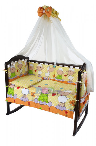 Детское постельное белье ASIK Овечки на лужайке, желтый, постельный комплект в детскую кроватку: 8 элементов