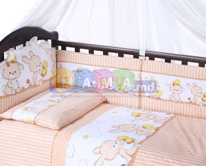 Детское постельное белье ASIK Зайчик с уточкой, бежевый, постельный комплект в детскую кроватку: 8 элементов