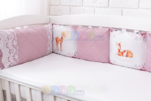 Борт защитный ASIK Косули в цветах, сатин, бело-розовый