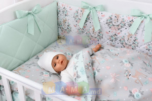 Комплект постельный ASIK Косули и розочки, мятный, 4 элемента, сменная постель и борт защитный