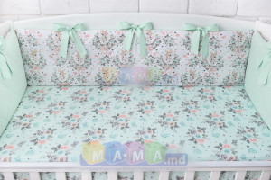 Комплект постельный ASIK Косули и розочки, мятный, 4 элемента, сменная постель и борт защитный