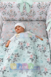 Комплект постельный ASIK Косули и розочки, мятный, 4 элемента, сменная постель и борт защитный