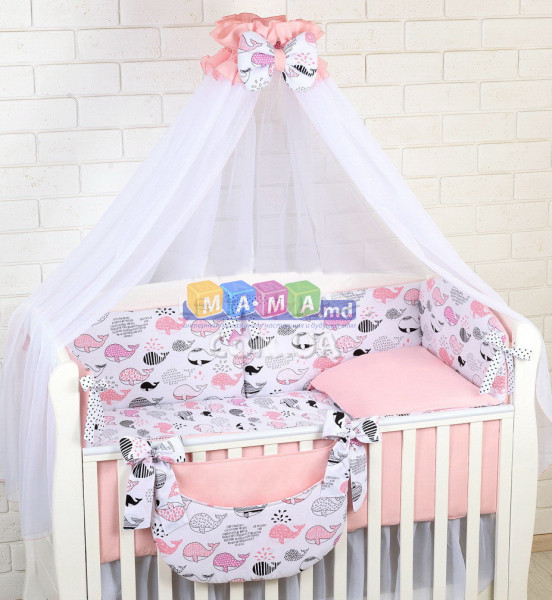Детское постельное белье ASIK Киты, розовый/пудровый, постельный комплект в детскую кроватку: 8 элементов
