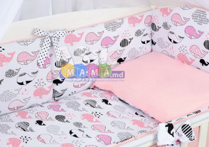 Детское постельное белье ASIK Киты, розовый/пудровый, постельный комплект в детскую кроватку: 8 элементов