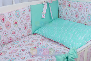 Детское постельное белье ASIK Мороженое и кексы, мятный с розовым , постельный комплект в детскую кроватку: 8 элементов
