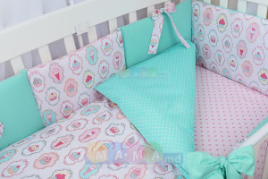 Детское постельное белье ASIK Мороженое и кексы, мятный с розовым , постельный комплект в детскую кроватку: 8 элементов