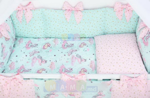 Детское постельное белье ASIK Единороги с облаками, мятный, постельный комплект в детскую кроватку: 7 элементов
