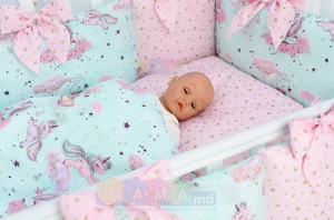 Детское постельное белье ASIK Единороги с облаками, мятный, постельный комплект в детскую кроватку: 7 элементов