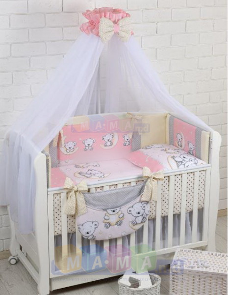 Комплект постельный ASIK Мишки на луне, розовый/ванильный/серый, 8 элементов
