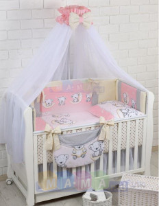 Комплект постельный ASIK Мишки на луне, розовый/ванильный/серый, 8 элементов