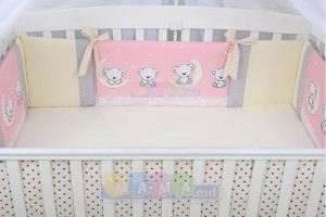 Комплект постельный ASIK Мишки на луне, розовый/ванильный/серый, 8 элементов