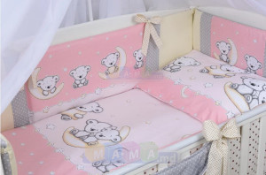Комплект постельный ASIK Мишки на луне, розовый/ванильный/серый, 8 элементов