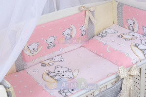 Комплект постельный ASIK Мишки на луне, розовый/ванильный/серый, 8 элементов