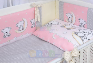 Комплект постельный ASIK Мишки на луне, розовый/ванильный/серый, 8 элементов