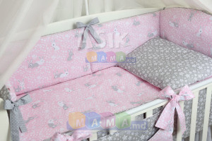 Комплект постельный ASIK Зайчики и звезды, серый с розовым (8 элементов)