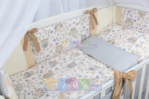 Детское постельное белье ASIK Совы, серо-бежевый, постельный комплект в детскую кроватку: 8 элементов