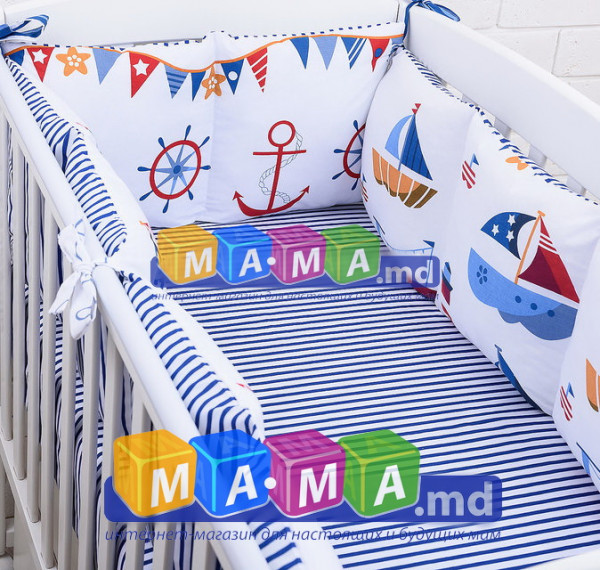 Борт защитный на кроватку с простынью ASIK Домик на берегу, цв.78 синяя полоска на белом