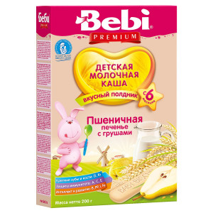 Каша молочная Bebi Premium Пшеничная с печеньем и грушами, для полдника, 6m+, 200 гр.