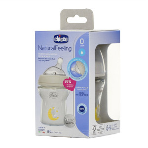 Бутылочка Chicco Natural Feeling, стекло, силикон, медленный поток, 0m+, 150мл