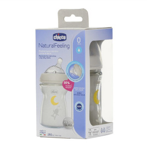 Бутылочка Chicco Natural Feeling, стекло, силикон, медленный поток, 0m+, 250мл