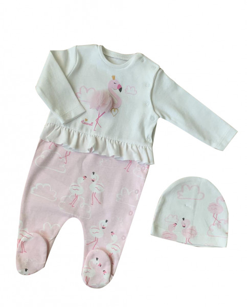 Комбинезон - человечек Caramell Flamingo, с шапочкой, 100% хлопок, 0-6м