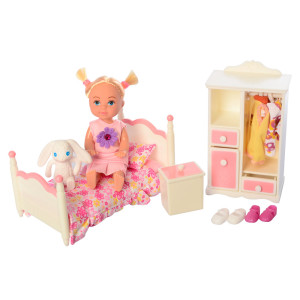 Кукла DEFA 8392, с нарядом, 11см, кровать, шкаф, платья