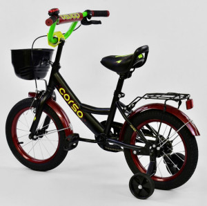 Велосипед двухколесный Corso G,14 дюймов, с доп.колесами, ручным тормозом и багажником