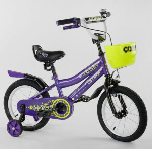 Велосипед двухколесный Corso R,14 дюймов, с доп.колесами, ручным тормозом и крылом