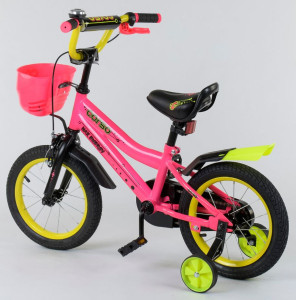 Велосипед двухколесный Corso R,14 дюймов, с доп.колесами, ручным тормозом и крылом