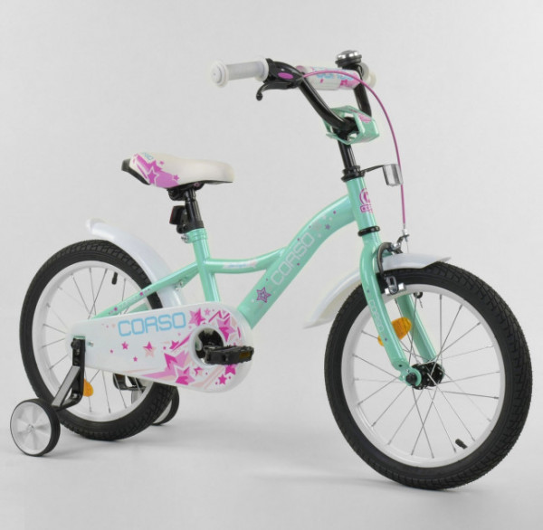 Велосипед двухколесный Corso S, 16 дюймов, с доп.колесами, ручным тормозом и крылом