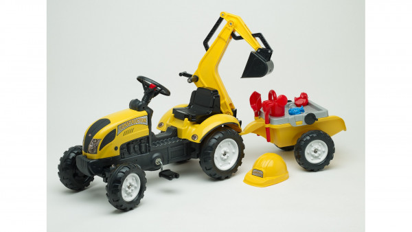 Детский трактор на педалях Falk Ranch Trac Yellow, с экскаватором, погрузчиком и прицепом.