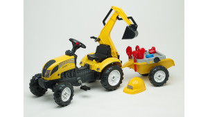 Детский трактор на педалях Falk Ranch Trac Yellow, с экскаватором, погрузчиком и прицепом.