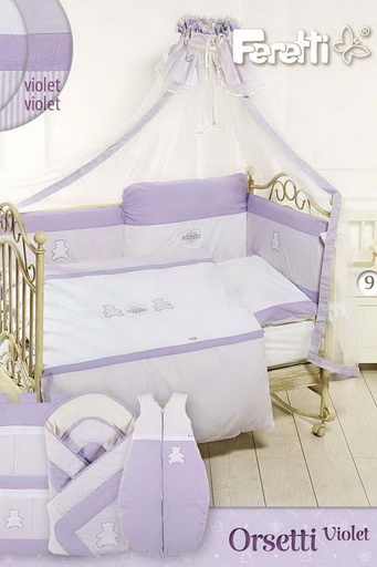 Комплект постельный Feretti Orsetti Violet Sestetto long, антибактериальный, постельное белье для детской кроватки: 6 элементов 