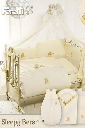 Комплект постельный Feretti Sleepy Bears Ecru Sestetto long, антибактериальный, постельное белье для детской кроватки: 6 элементов
