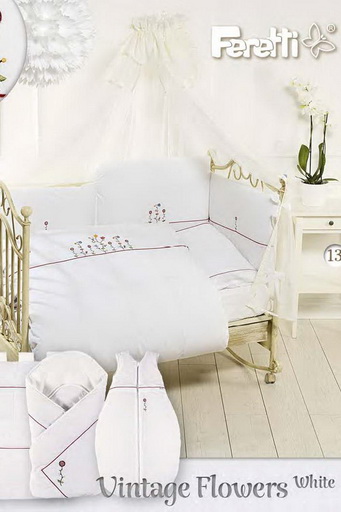 Комплект постельный Feretti Vintage Flowers White Sestetto long, антибактериальный, постельное белье для детской кроватки: 6 элементов